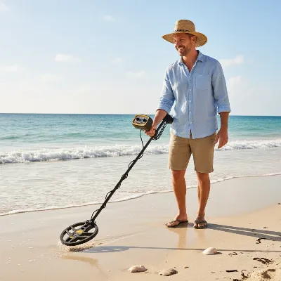 A Bounty Hunter Tracker IV metal detector being used by a person on a sunny beach, searching for hidden treasures near the waterline