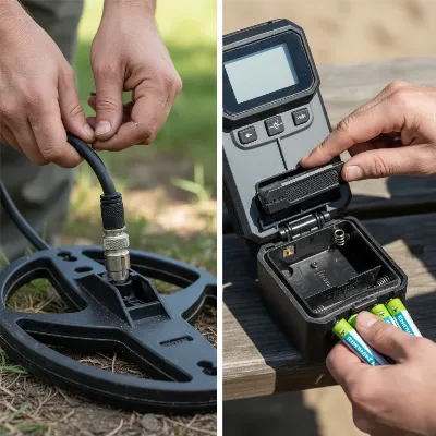 A person checking the cable connections on a metal detector's search coil and another image of them replacing batteries in the control box, hands-on, well-lit, realistic photo style