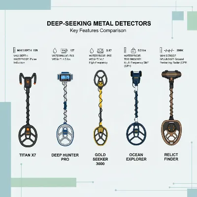 Illustration comparing features of advanced deep-seeking metal detectors for historical relic hunting.