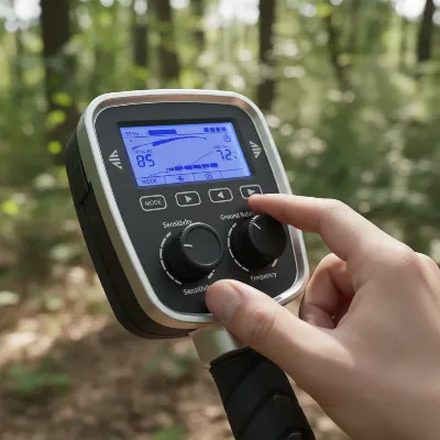 A metal detector displaying sensitivity and ground balance settings with a hand adjusting them