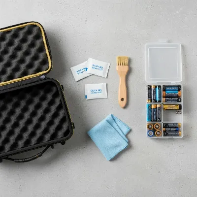 Essential accessories for safe metal detector winter storage, including a case and desiccant.