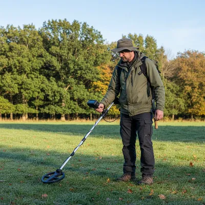 A person demonstrating proper metal detecting technique with a smooth coil swing