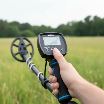 A close-up of a Minelab Equinox 800 metal detector being held by a user, with their finger adjusting the sensitivity setting on the control panel.