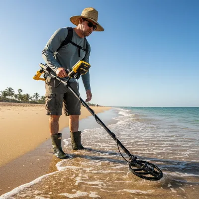 Garrett AT Pro metal detector being used for beach hunting with water in the background