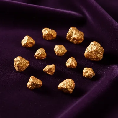 A collection of small, raw gold nuggets displayed elegantly on a dark, velvety surface.