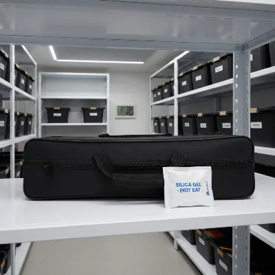 An ideal climate-controlled storage area for a metal detector during winter, featuring a protective case.