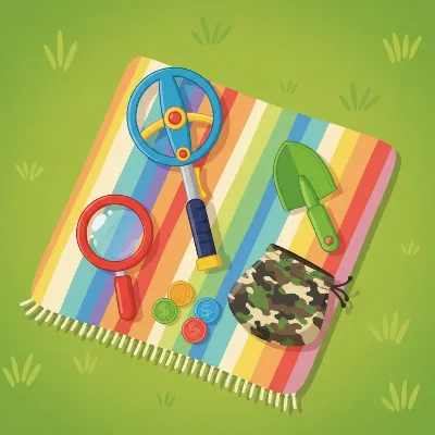A collection of kid-sized metal detecting gear laid out on a picnic blanket.