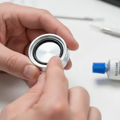 Inspecting and lubricating O-rings on a waterproof metal detector component for winter maintenance.