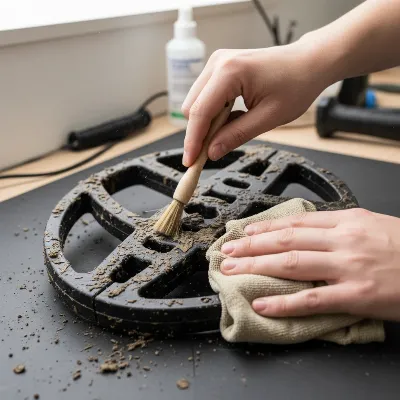 A close-up image of a person cleaning a dirty metal detector search coil with a soft brush and damp cloth, showing attention to detail.