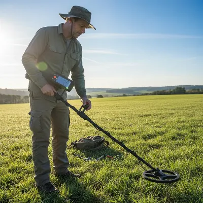 A person performing manual ground balance on a metal detector in a grassy field, using a pumping motion.