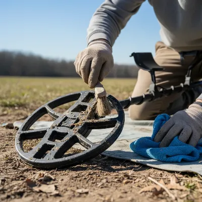 A person gently cleaning a metal detector's search coil with a soft brush and damp cloth, showing attention to detail, outdoor setting, realistic photo style