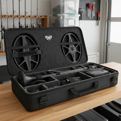 A metal detector neatly stored in a protective carrying case in a dry, organized storage space