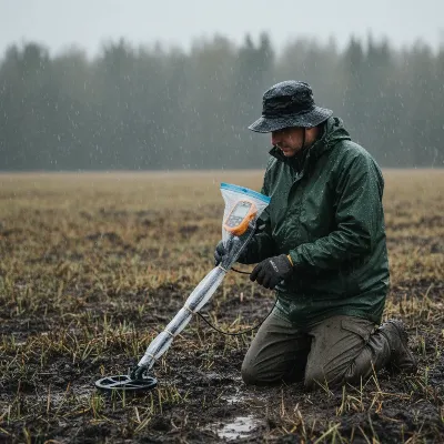 Person using metal detector in light rain with protected control box