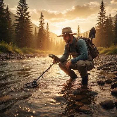 A prospector using a metal detector in a shallow river, searching for gold nuggets. The sun is setting, casting a warm glow.