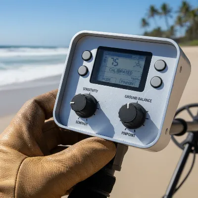 A close-up of a metal detector control panel with a hand adjusting the sensitivity and ground balance knobs, outdoor setting, clear focus on controls, realistic photo style