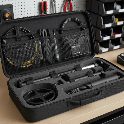 An image illustrating the proper storage of a cleaned metal detector in a protective case, emphasizing care.