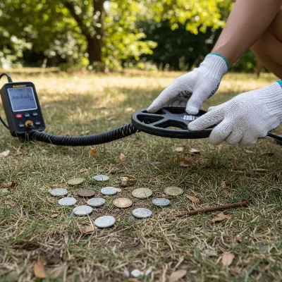 A person testing a calibrated metal detector with various metal objects laid out on the ground in an outdoor setting.