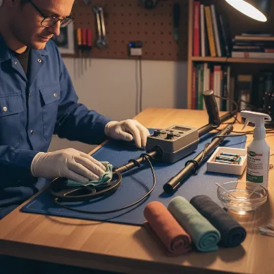 Preparing a metal detector for safe winter storage, with cleaning tools and removed batteries visible.
