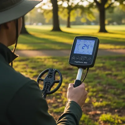 Minelab Equinox 800 metal detector control panel and coil in use at a park, showcasing its compact design and digital display with Multi-IQ technology.