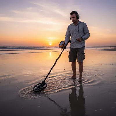 Person using a Minelab Vanquish 540 metal detector on a sandy beach at sunset.