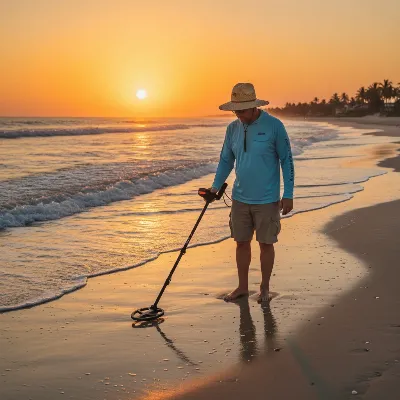 Nokta Makro Simplex metal detector being used on a sandy beach at sunset, person swinging the coil