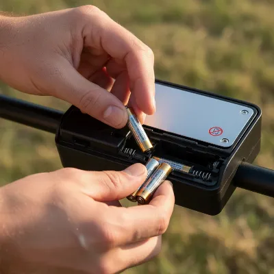 Close-up of removing batteries from a metal detector for long-term winter storage.