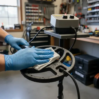 A person cleaning the waterproof search coil of a Bounty Hunter Tracker IV metal detector after a day of use, emphasizing maintenance.